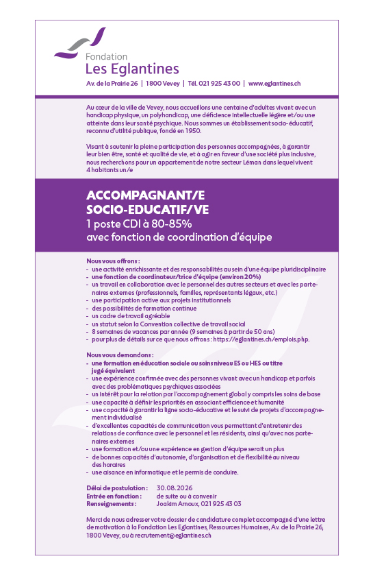 Accompagnant/es socio-éducatifs/ves - Postes CDI à 80 % et 85 % - avec fonction de coordination d’équipe