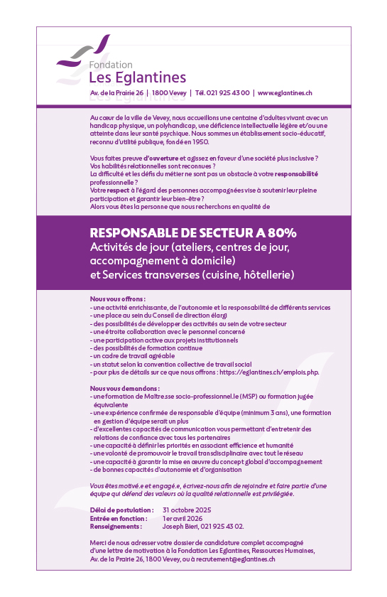 Responsable de Secteur - Activités de jour (ateliers, centres de jour, accompagnement à domicile) et Services transverses (cuisine, hôtellerie)